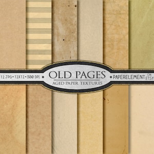 Pode incluir: Doze texturas de papel digital em vários tons de marrom e bege, incluindo uma folha de papel de música. As texturas são etiquetadas como "Old Pages - Aged Paper Textures".