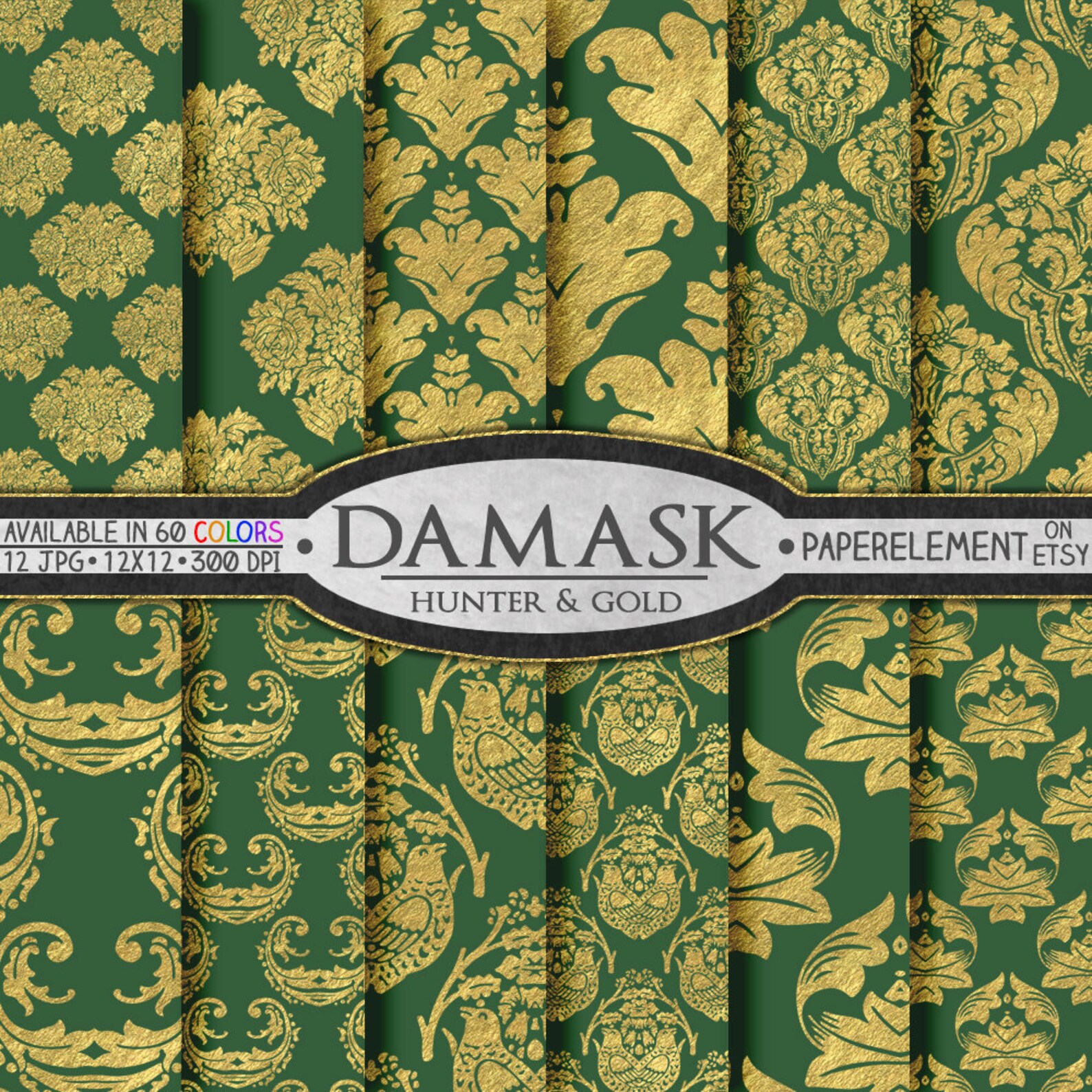 Hunter Green and Gold Damask Backgrounds Gold and Green Etsy