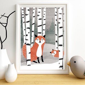 Fox and Pup in Birch  Forest, Nursery Room, Decor, Children Room, Print, Art, Woodland