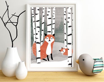 Fox and Pup in Birch  Forest, Nursery Room, Decor, Children Room, Print, Art, Woodland