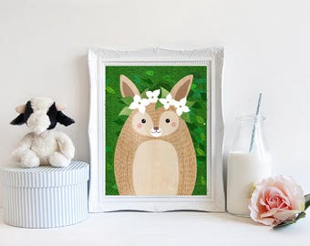 Rabbit, Bunny, Woodland Animals, Woodland Critters, Nursery, Animal Wall Art, Kids Room, Animals, Print