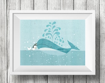 Blue Whale Made a Friend, Nursery Animal Wall Art, Kids Room, Ocean, Animals, Print