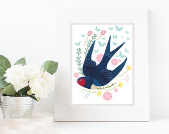 Swallow, Art Print, Nursery Art, Wall Decor, Kids Room, Print, Birds, Alphabet