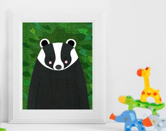 Badger, Woodland Animals, Woodland Critters, Nursery, Animal Wall Art, Kids Room, Animals, Print