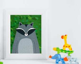 Raccoon, Woodland Animals, Woodland Critters, Nursery, Animal Wall Art, Kids Room, Animals, Print