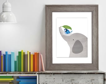 Bird and Grey Elephant, Nursery Animal Wall Art, Kids Room, Safari, Bird, Elephant, Blue Jay,  Wall decor,