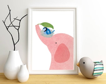 Bird and Elephant, Nursery Animal Wall Art, Kids Room, Safari, Bird, Elephant, Blue Jay,  Wall decor,