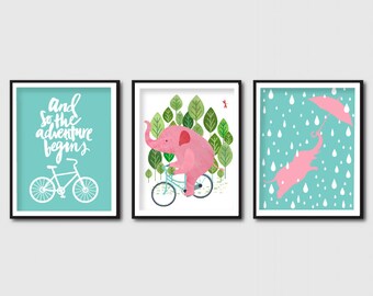 Elephant Adventure Set, Nursery Room, Children's Room, Decor, Elephant, Forest, Quote, Adventure