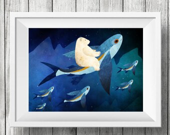 Polar Bear and Flying Fish, Nursery Animal Wall art, Kids Room, Polar Bear, Flying Fish, Print