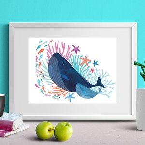 B for Blue Whale, Nursery Animal Wall art, Whale decor, Kids room, Ocean, Print