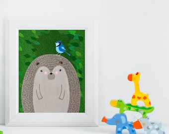 Hedgehog, Blue Jay, Woodland Animals, Woodland Critters, Nursery, Animal Wall Art, Kids Room, Animals, Print