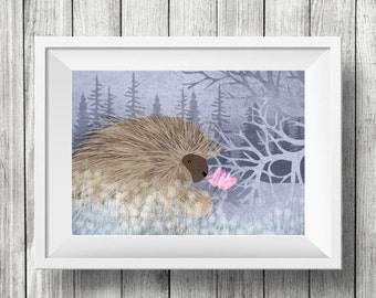 Shy Porcupine, Nursery Animal Wall Art, Kids Room, Forest, Animals, Print