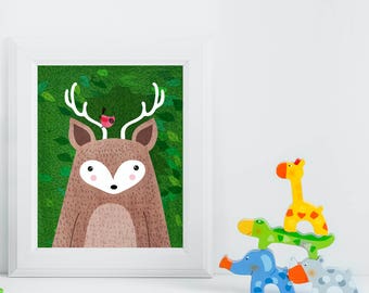 Deer, Cardinal, Woodland Animals, Woodland Critters, Nursery, Animal Wall Art, Kids Room, Animals, Print