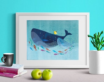 Yellow Bird on Mama and Baby Blue Whale, Nursery Wall Art, Print, Nursery Decor, Animals