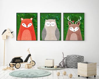 Woodland Animals, Nursery Room, Children's Room, Decor,Raccoon, Fox, Rabbit, Deer, Bear, Hedgehog, Owl, Print, Illustration
