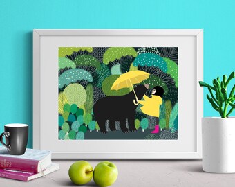 Girl and Bear, Friends, Umbrella, Nursery Animal Wall Art, Kids Room, Mouse, Elephant, Wall decor, Print, Illustration