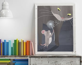 Cat Makes A Wish, Cat, Mouse, Nursery Animal Wall Art, Kids Room, Farm Animal,  Wall decor, Print