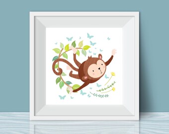 Monkey, Jungle Themed Nursery Room, Children's Room, Square