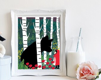 Red Riding Hood, Wolf, Fairy Tale, Nursery Animal Wall art, Room Decor, Kids room, Animals, Nursery Room, Print, Illustration