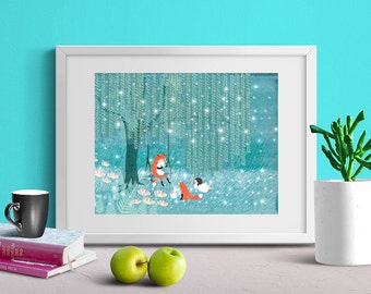 Stories Under a Willow Tree, Nursery Wall Art, Print, Nursery Decor, Animals