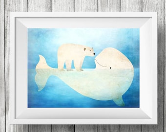 Baby Beluga with Polar Bear, Nursery Animal Wall Art, Kids Room, Ocean, Animals, Print 13x19