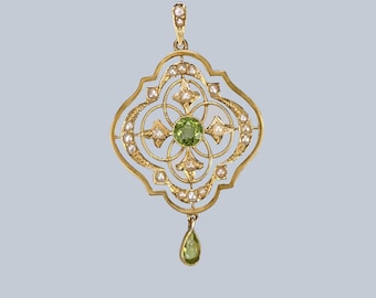 Art Nouveau Peridot and Seed Pearl Pendant 15ct Gold Antique Edwardian circa 1905