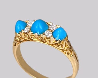 Victorian Türkis und Diamant Ring 18ct Gold Verzierter Englischer Antik Ring ca1900