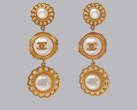 Chanel Vintage CC Faux Pearl Dangle Clip on Earrings