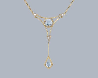 Antique Aquamarine and Pearl Necklace 15ct Gold Edwardian Drop Pendant circa 1910