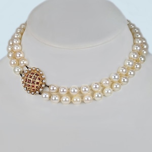 Vintage Two-Strand Pearl Necklace with 9ct Gold Garnet Pearl Clasp 1960s Pearls