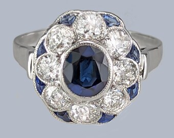 Vintage Sapphire & Diamond Cluster Ring, Platinum, 1960s Flower Engagement Ring, Fine Jewellery