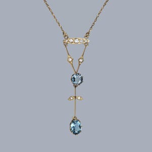 Antique Aquamarine and Diamond Necklace 9ct Gold Edwardian Drop Pendant circa 1910