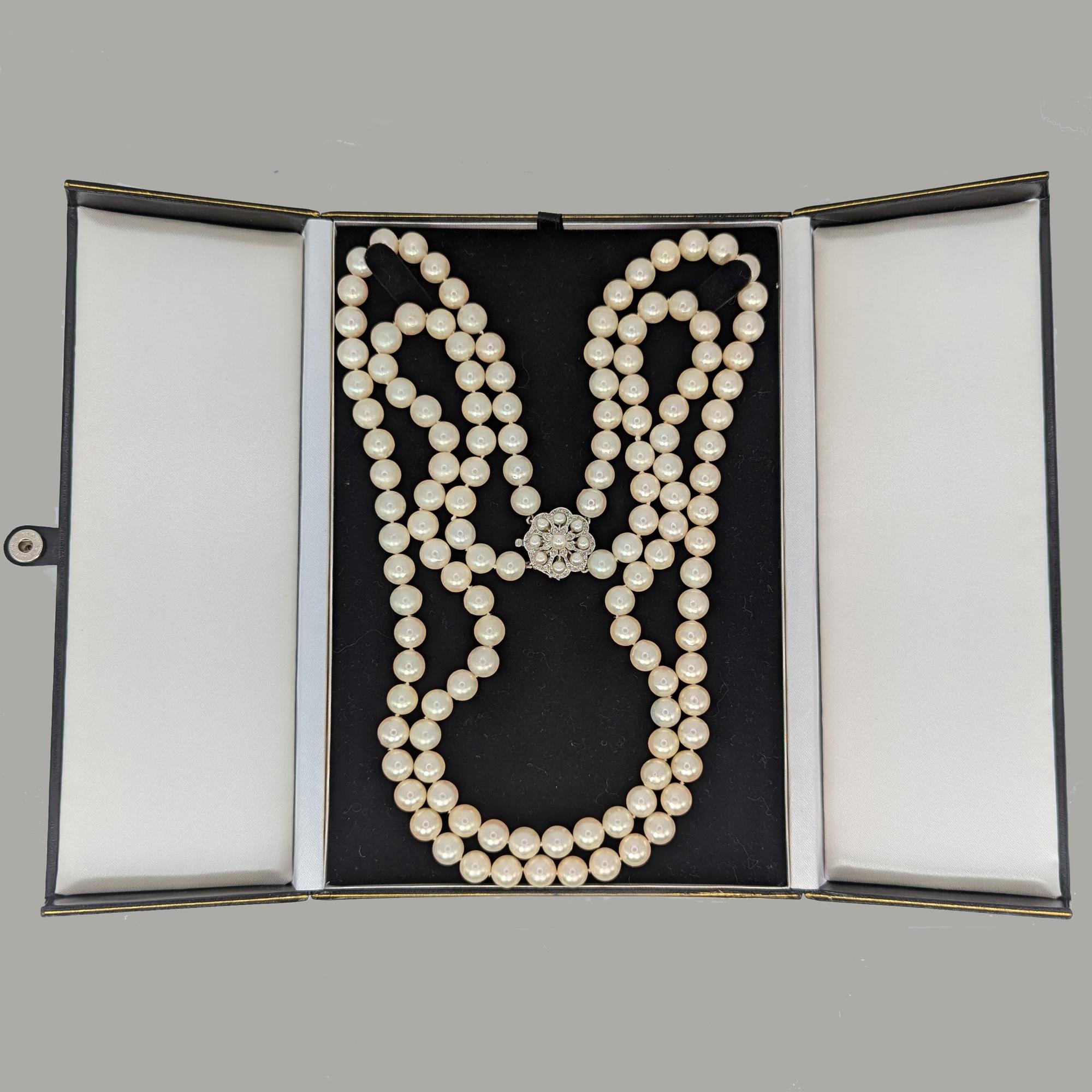 1960s Pearl Necklace 9ct White Gold With Diamond Clasp Double Strand ...