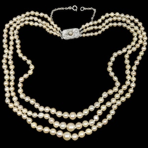 Triple Strand Pearl Necklace with Gem Certificate 9ct Gold Diamond Clasp 1950s