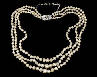 1950s Cultured Pearl Necklace Triple Strand Diamond 9ct Gold Clasp Saltwater Pearls AnchorCert Certificate - Restrung