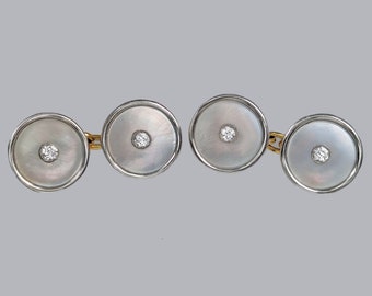 Gemelos victorianos de diamantes de talla antigua de nácar, gemelos antiguos de oro de 18 quilates