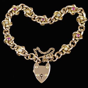 Antique Victorian Ruby and Pearl Heart Padlock Bracelet 9ct Gold Knot and Curb Link