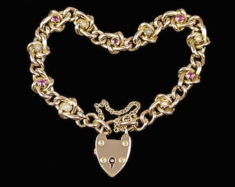 Antique Victorian Ruby and Pearl Heart Padlock Bracelet 9ct Gold Knot and Curb Link