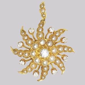 Colgante victoriano de perla y diamante en forma de estrella, oro antiguo de 18 quilates, con forma de estrella en espiral de 0,50 quilates.
