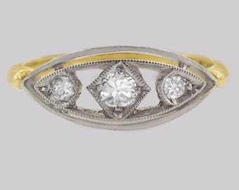 Antique Diamond Trilogy Ring 18ct Gold Vintage Old Cut Diamond Three Stone Ring