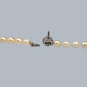 May include: A pearl necklace with a silver clasp. The necklace is open and the clasp is visible.