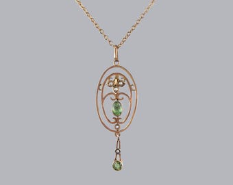 Edwardian Peridot and Pearl Pendant with Chain Vintage 9ct Gold Antique Pendant