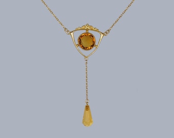 Edwardian Citrine Necklace 9ct Gold 15" Long Antique Citrine Drop Pendant
