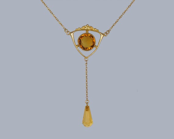 Edwardian Citrine Necklace 9ct Gold 15" Long Antique Citrine Drop Pendant