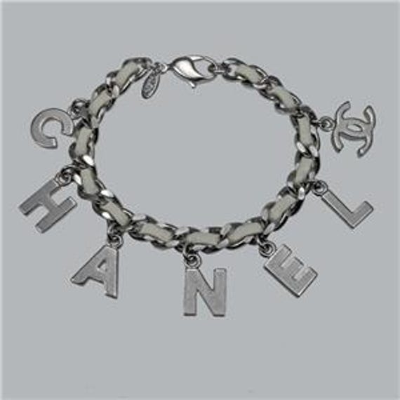 CHANEL Logo Chain Bracelet Silver Tone and Leather CC Charm 2005