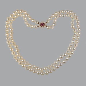 Vintage Two Strand Pearl Necklace 9ct Gold Garnet Floral Clasp Birmingham 1987 Hallmark