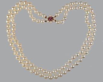 Vintage Two Strand Pearl Necklace 9ct Gold Garnet Floral Clasp Birmingham 1987 Hallmark