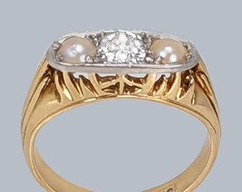 Antique Pearl & Old Cut Diamond Ring 18ct Gold Victorian Engagement Trilogy Ring
