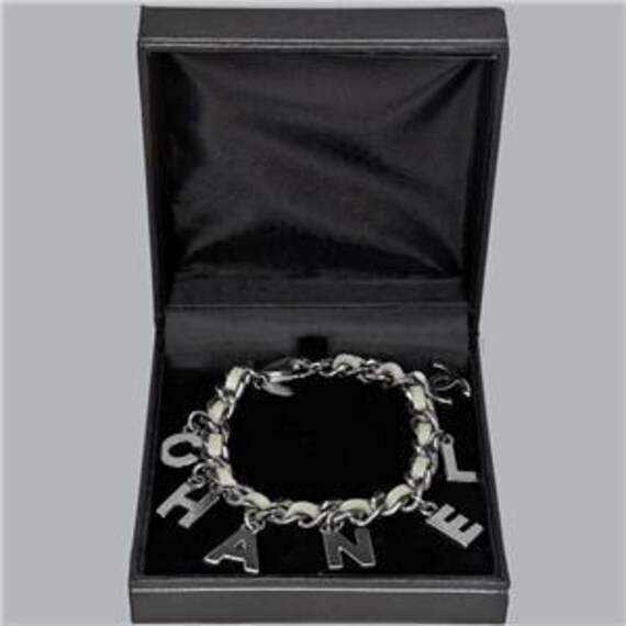 CHANEL Logo Chain Bracelet Silver Tone and Leather CC Charm 2005