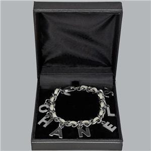 CHANEL Logo Chain Bracelet Silver Tone and Leather CC Charm 2005